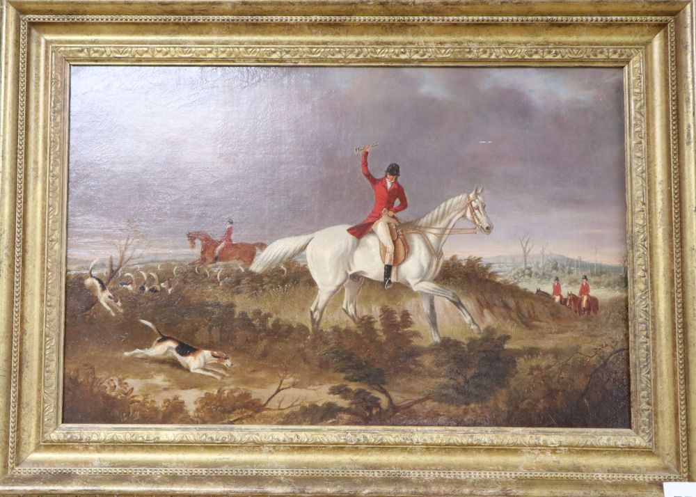 English School, late 19th century, oil on canvas, Fox hunting scene, 29 x 45cm